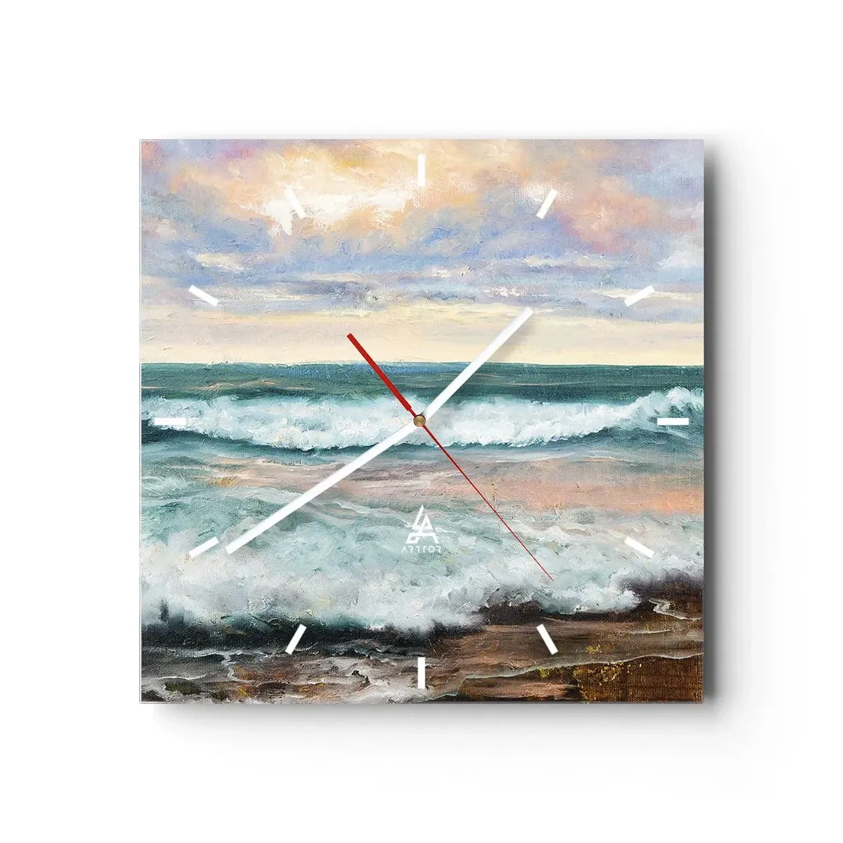 Zegar ścienny - Morskie fale na tle zachmurzonego nieba o zachodzie słońca - 30x30cm - Tutaj wygładzisz duszę - Nowoczesna dekoracja ścienna do salonu i sypialni ARTTOR