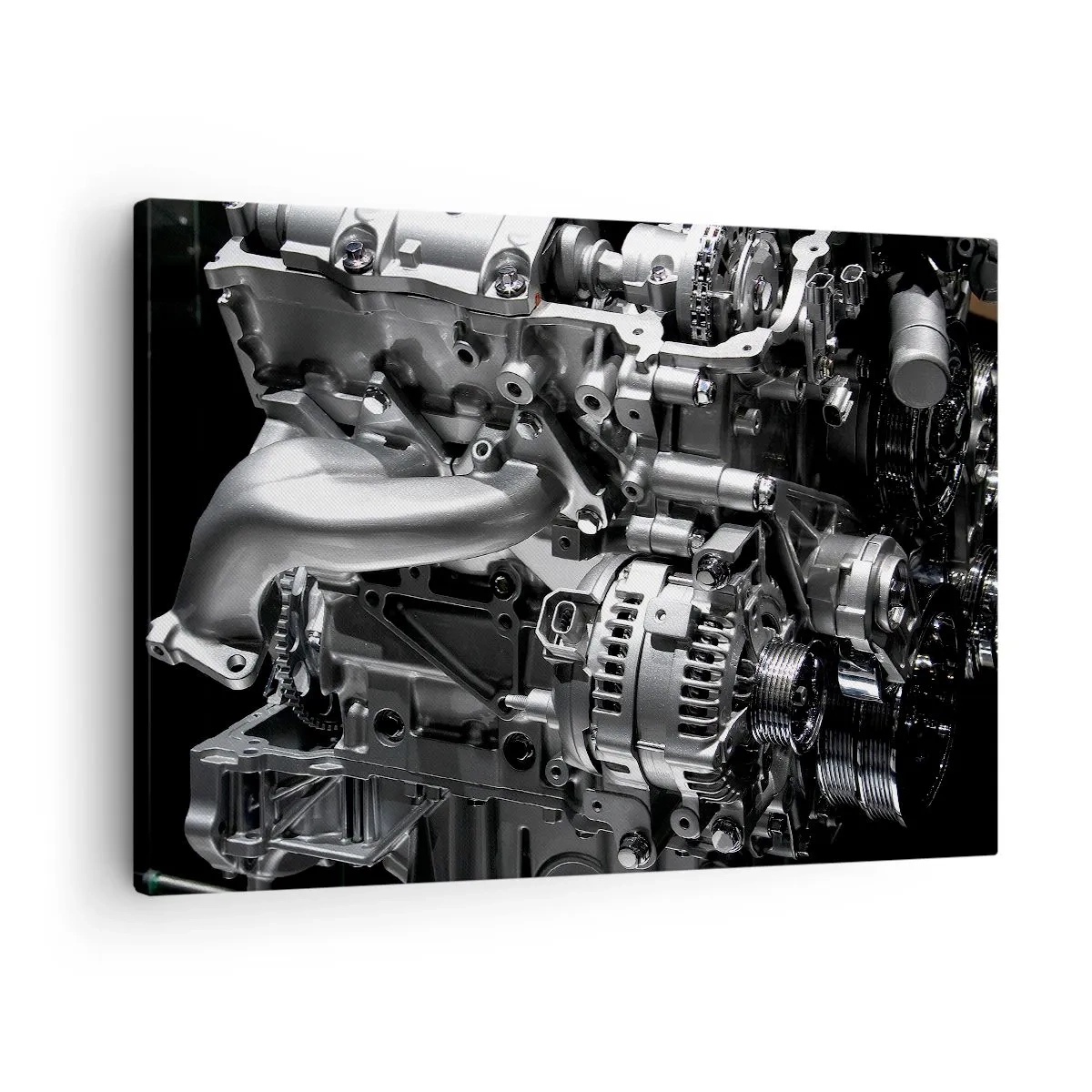Obraz na płótnie - Metalowe części silnika w zbliżeniu na czarnym tle - 70x50cm - Stalowy, piękny, silny - Nowoczesna dekoracja ścienna do salonu i sypialni ARTTOR