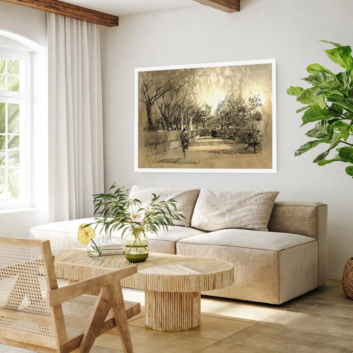Plakat - Rysunkowa scena z parkiem i spacerującymi ludźmi w ciepłych odcieniach - 100x70cm - Piórkiem zatrzymana chwila - Nowoczesna dekoracja ścienna do salonu i sypialni ARTTOR
