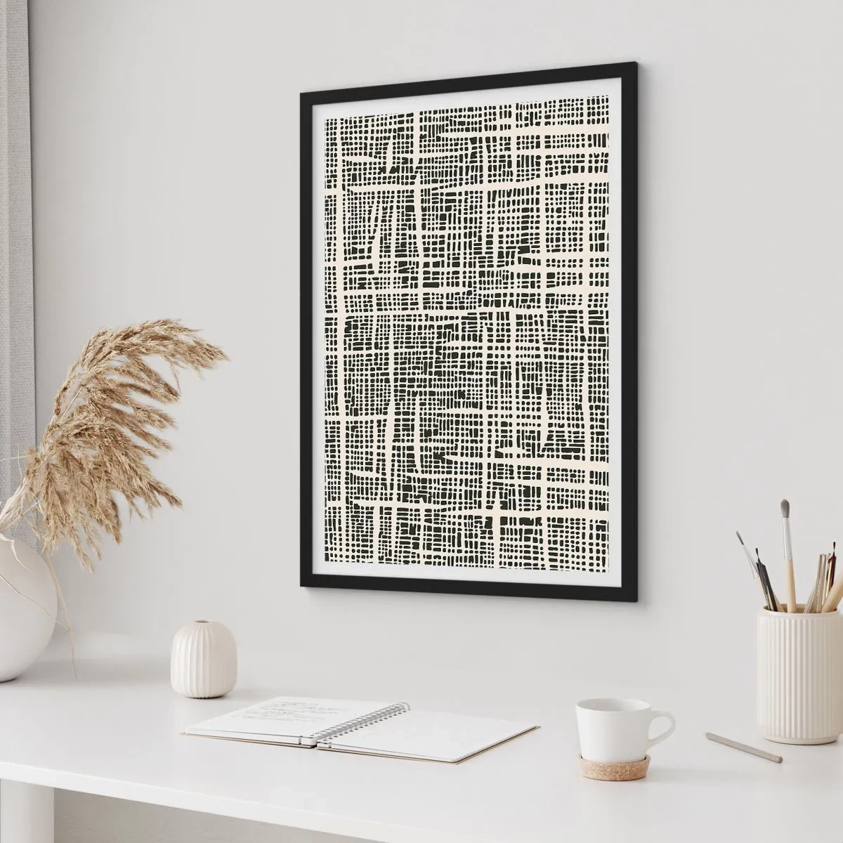 Plakat w czarnej ramie - Geometryczny wzór w czerni na jasnym tle - 50x70cm - Kompozycja utkana - Nowoczesna dekoracja ścienna do salonu i sypialni ARTTOR