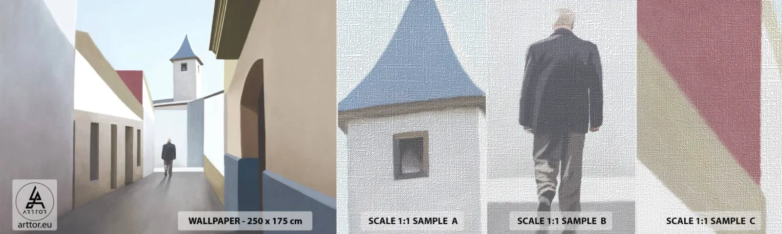 Fototapeta Próbka Premium Canvas - Słoneczny spacer - Pastelowe, Budynki, Architektura - 100x30 cm