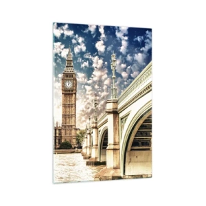 Obraz na szkle - Big Ben i Westminster Bridge oświetlone słońcem w Londynie - 70x100cm - Pierzaste obłoki nad  Tamizą - Nowoczesna dekoracja ścienna do salonu i sypialni ARTTOR