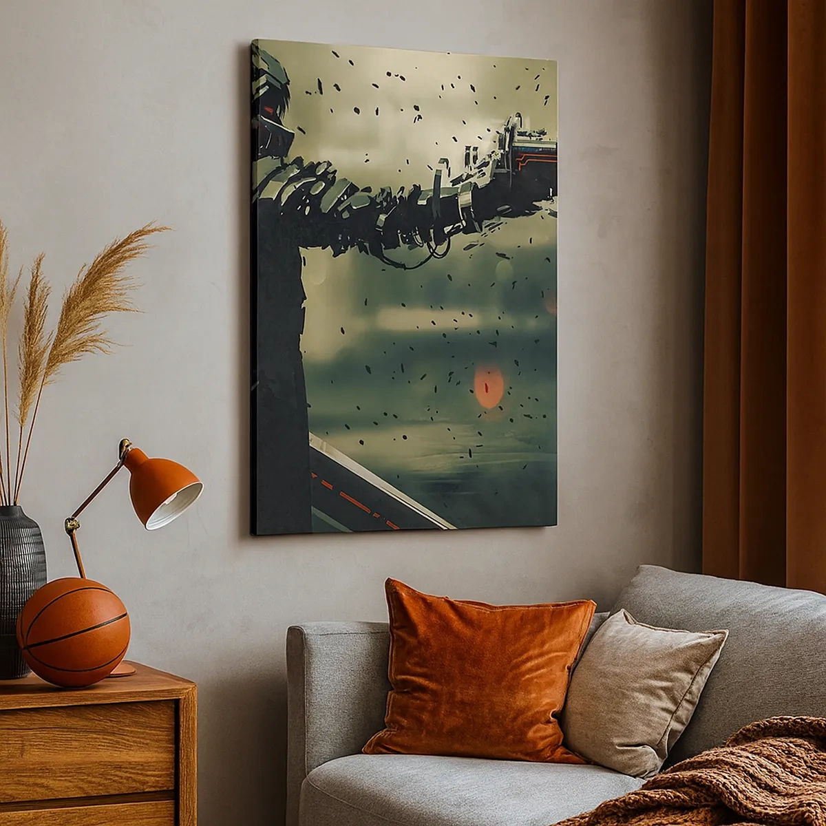 Obraz na płótnie - Dynamiczna postać z futurystycznym ramieniem w abstrakcyjnym stylu - 50x70cm - Zabójcza broń - twój własny Terminator - Nowoczesna dekoracja ścienna do salonu, kuchni i sypialni ARTTOR