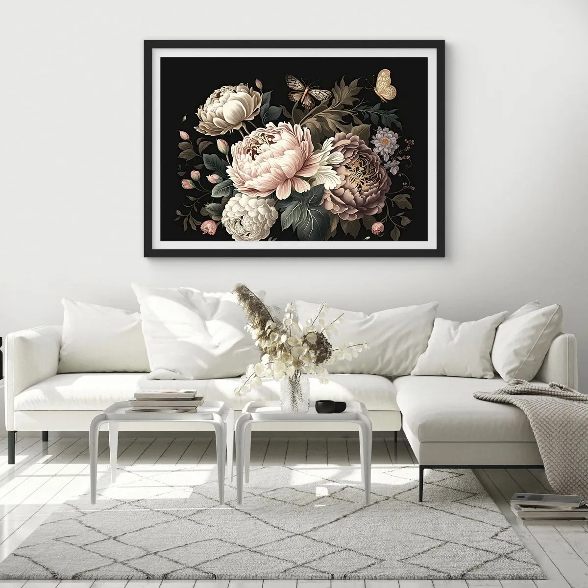 Plakat w czarnej ramie - Bukiet różowych kwiatów i motyli na czarnym tle - 70x50cm - W barokowym stylu - Nowoczesna dekoracja ścienna do salonu i sypialni ARTTOR