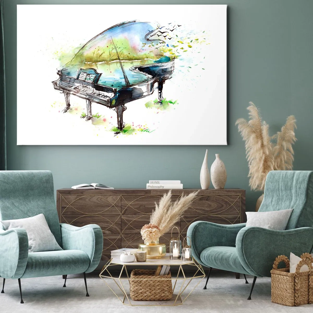 Obraz na płótnie - Artystyczna akwarela fortepianu z naturą w tle - 70x50cm - Zaklęte w muzyce - Nowoczesna dekoracja ścienna do salonu i sypialni ARTTOR