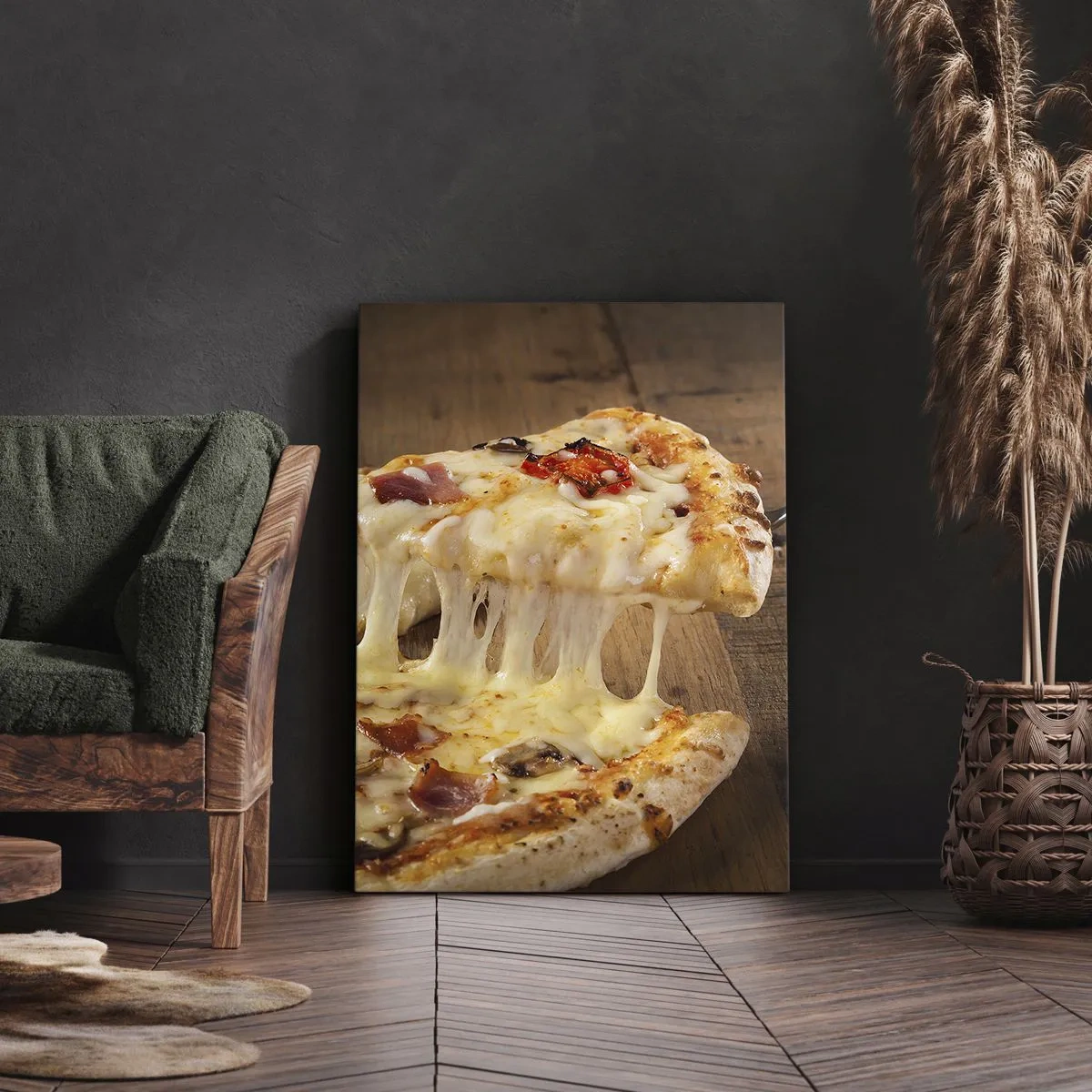 Obraz na płótnie - Pizza z ciągnącym się serem - 70x100cm - Arcydzieło sztuki włoskiej - Nowoczesna dekoracja ścienna do salonu i sypialni ARTTOR