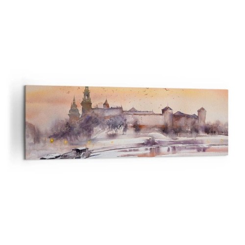 Obraz na płótnie - Zachód słońca nad zamkiem w zimowej scenerii - 160x50cm - Królewski zachód słońca - Nowoczesna dekoracja ścienna do salonu i sypialni ARTTOR