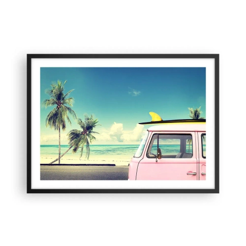 Plakat w czarnej ramie - Różowy van z deską surfingową na tle tropikalnej plaży - 70x50cm - Wakacje czas zacząć - Nowoczesna dekoracja ścienna do salonu i sypialni ARTTOR