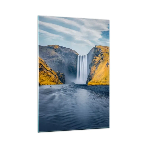 Obraz na szkle - Wodospad otoczony żółtymi wzgórzami z jeziorem na pierwszym planie - 80x120cm - Wieczne trwanie, wieczny ruch - Nowoczesna dekoracja ścienna do salonu i sypialni ARTTOR