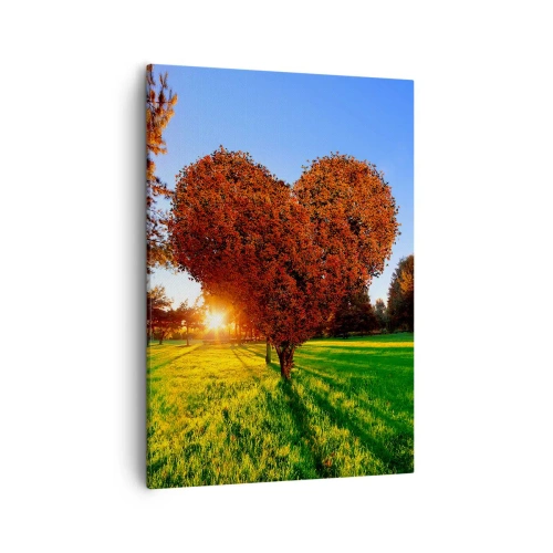Obraz na płótnie - Drzewo w kształcie serca na tle zachodzącego słońca - 50x70cm - I jak nie kochać jesieni - Nowoczesna dekoracja ścienna do salonu, kuchni i sypialni ARTTOR