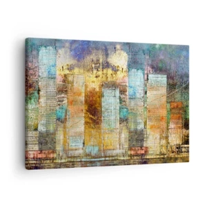 Obraz na płótnie - Abstrakcyjne wieżowce w industrialnej stylistyce - 70x50cm - Słoneczna metropolia - Nowoczesna dekoracja ścienna do salonu i sypialni ARTTOR