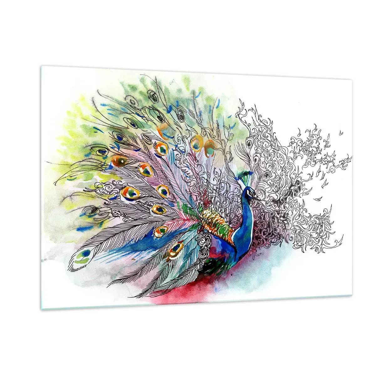 Obraz na szkle - Kolorowy paw w artystycznym stylu akwareli - 120x80cm - Z dumą przeciw szarości - Nowoczesna dekoracja ścienna do salonu, kuchni i sypialni ARTTOR