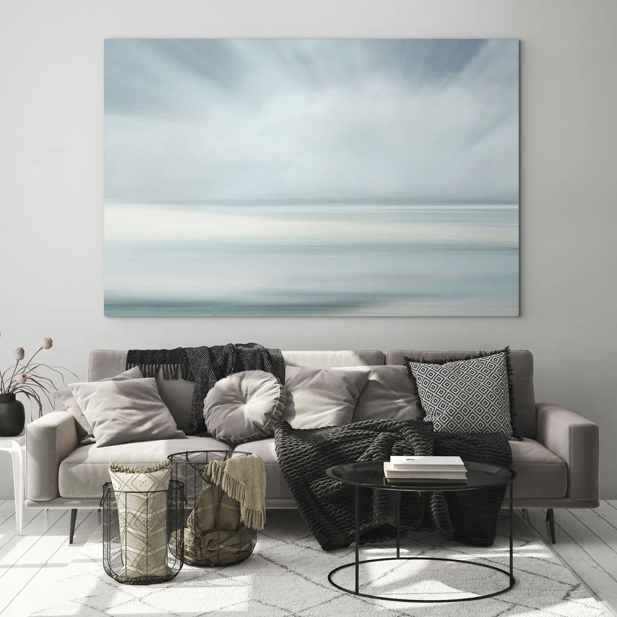 Obraz na szkle - Rozmyta abstrakcja w odcieniach błękitu, bieli i szarości - 70x50cm - Spokój aż po horyzont - Nowoczesna dekoracja ścienna do salonu i sypialni ARTTOR