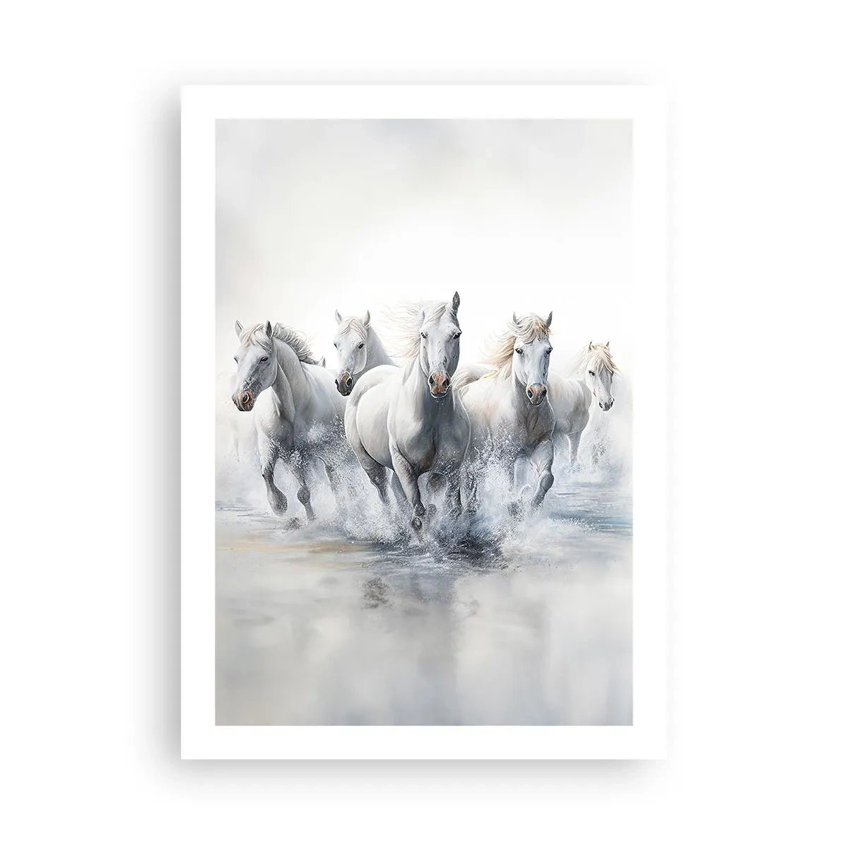 Plakat - Białe konie galopujące przez wodę w dynamicznej scenerii - 50x70cm - Biała magia - Nowoczesna dekoracja ścienna do salonu, kuchni i sypialni ARTTOR