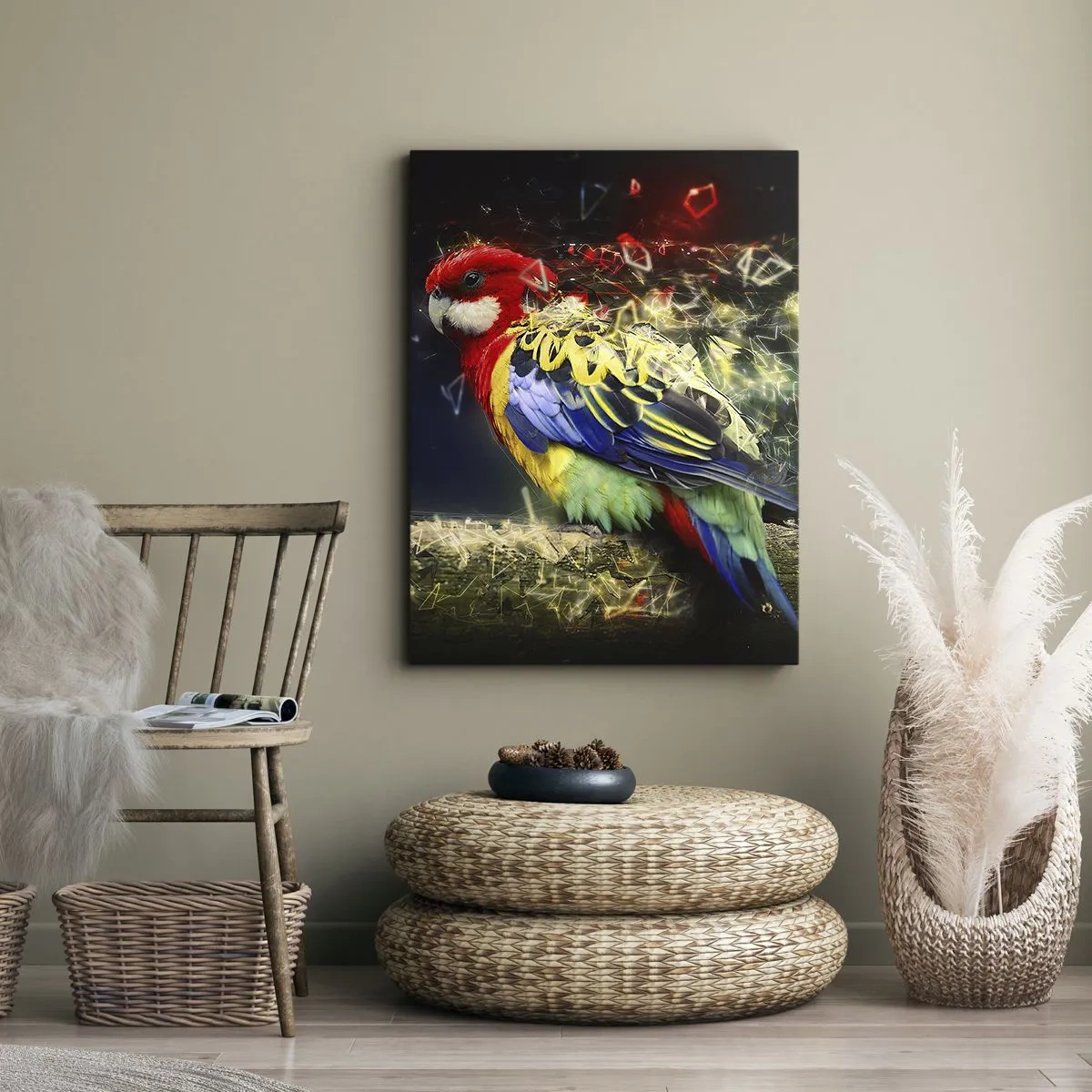 Obraz na płótnie - Papuga w żywych kolorach na tle efektów świetlnych - 80x120cm - Posłaniec blasku - Nowoczesna dekoracja ścienna do salonu i sypialni ARTTOR