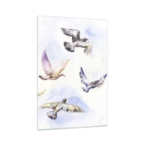 Obraz na szkle - Akwarelowe ptaki w locie na tle delikatnego nieba - 70x100cm - Wolność w szarości i błękicie - Nowoczesna dekoracja ścienna do salonu i sypialni ARTTOR
