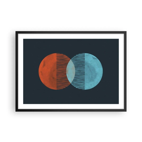 Plakat w czarnej ramie - Dwa koła w kolorze pomarańczowym i niebieskim na ciemnym tle - 70x50cm - Astronomiczna fantazja - Nowoczesna dekoracja ścienna do salonu i sypialni ARTTOR