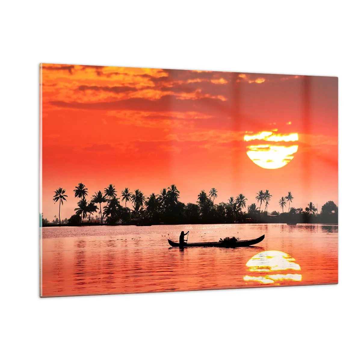 Obraz na szkle - Zachód słońca nad rzeką z palmami i łodzią - 120x80cm - Spokój tropików o zachodzie - Nowoczesna dekoracja ścienna do salonu, kuchni i sypialni ARTTOR