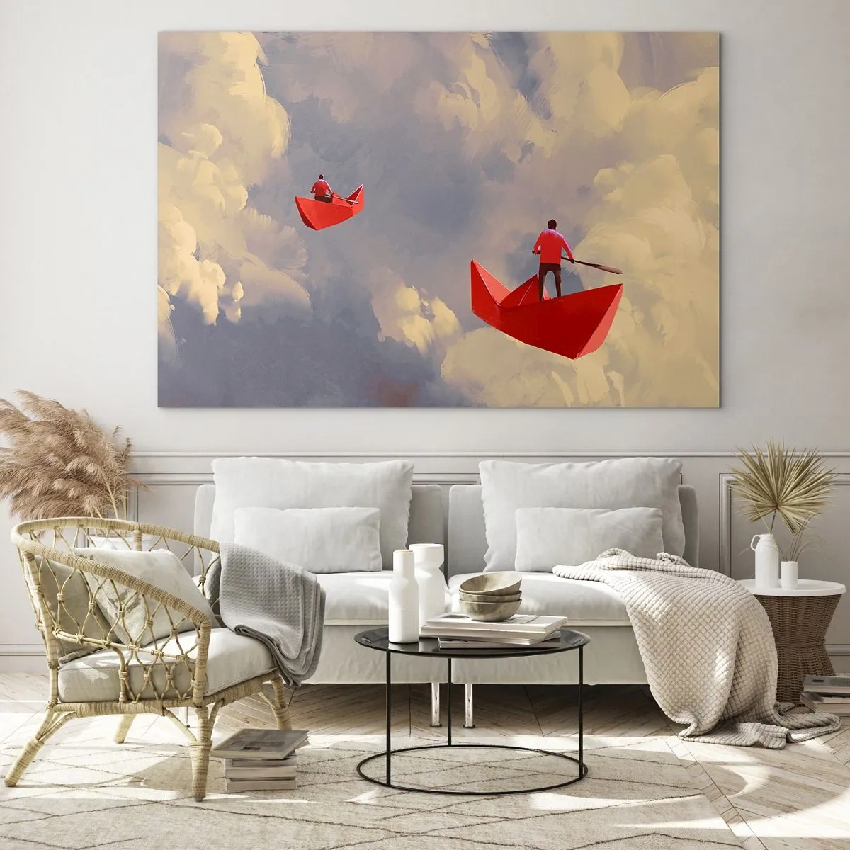 Obraz na szkle - Dwie osoby w czerwonych łodziach na tle nieba pełnego chmur - 70x50cm - Wyprawa marzycieli - Nowoczesna dekoracja ścienna do salonu i sypialni ARTTOR
