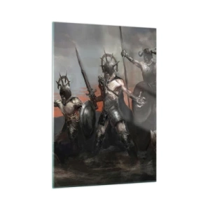 Obraz na szkle - Wojownicy z włóczniami i tarczami na tle czerwonego nieba - 50x70cm - Z tarczą lub na tarczy - Nowoczesna dekoracja ścienna do salonu, kuchni i sypialni ARTTOR