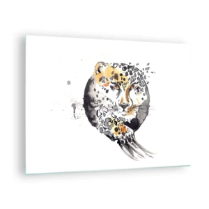 Obraz na szkle - Leopard w dynamicznej, abstrakcyjnej kompozycji - 70x50cm - Drapieżna uroda - Nowoczesna dekoracja ścienna do salonu i sypialni ARTTOR
