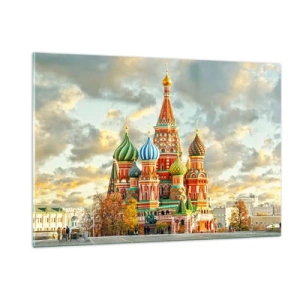 Obraz na szkle - Katedra św. Bazylego w Moskwie na tle nieba z chmurami - 120x80cm - Nawet Disney by nie wymyślił - Nowoczesna dekoracja ścienna do salonu, kuchni i sypialni ARTTOR