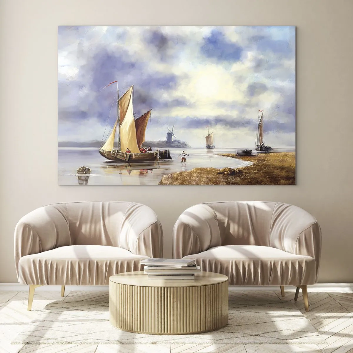 Obraz na szkle - Żaglówki na spokojnym jeziorze z wiatrakami w tle - 70x50cm - Powrót żeglarzy - Nowoczesna dekoracja ścienna do salonu i sypialni ARTTOR