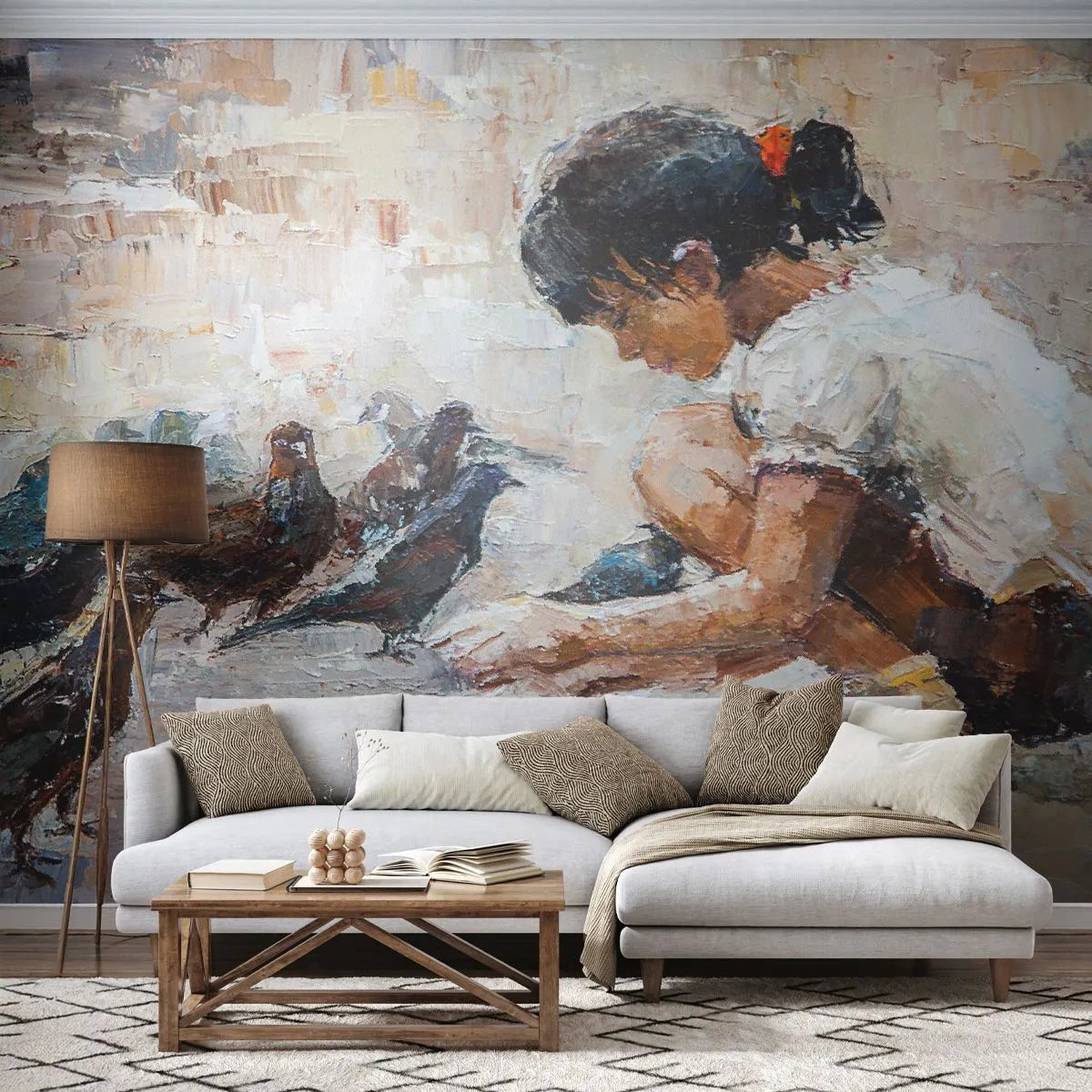 Fototapeta Premium Canvas - Maluczcy i najmilsi - Dziewczynka, Gołębie, Dla Dzieci - 500x350 cm