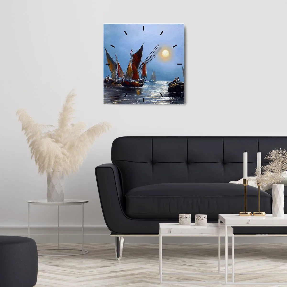 Zegar ścienny - Łodzie z żaglami na spokojnej wodzie przy zachodzie słońca - 30x30cm - Nocny połów - Nowoczesna dekoracja ścienna do salonu i sypialni ARTTOR
