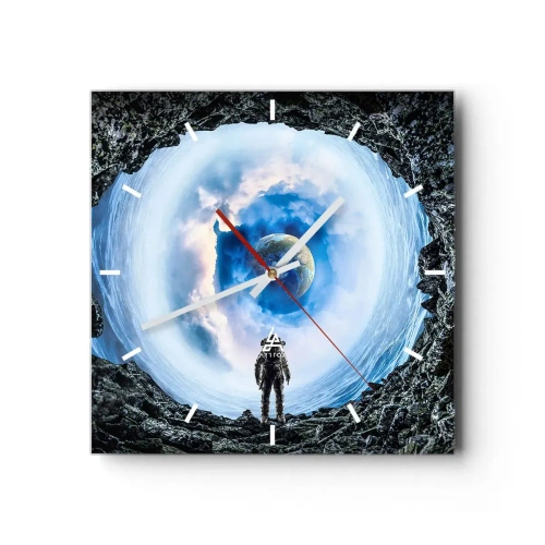 Zegar ścienny - Astronauta na tle kosmicznego pejzażu z Ziemią - 30x30cm - Już niedaleko do domu - Nowoczesna dekoracja ścienna do salonu i sypialni ARTTOR