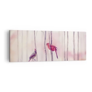 Obraz na płótnie - Para kardynałów na gałęziach w pastelowym krajobrazie - 140x50cm - Opowieść różowego lasu - Nowoczesna dekoracja ścienna do salonu i sypialni ARTTOR