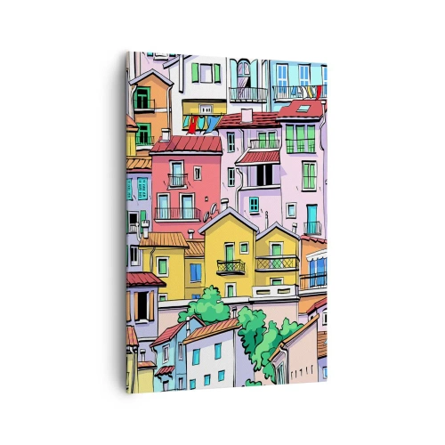Obraz na płótnie - Kolorowe kamienice w żywej, radosnej stylistyce - 80x120cm - Wesołe miasto - Nowoczesna dekoracja ścienna do salonu i sypialni ARTTOR