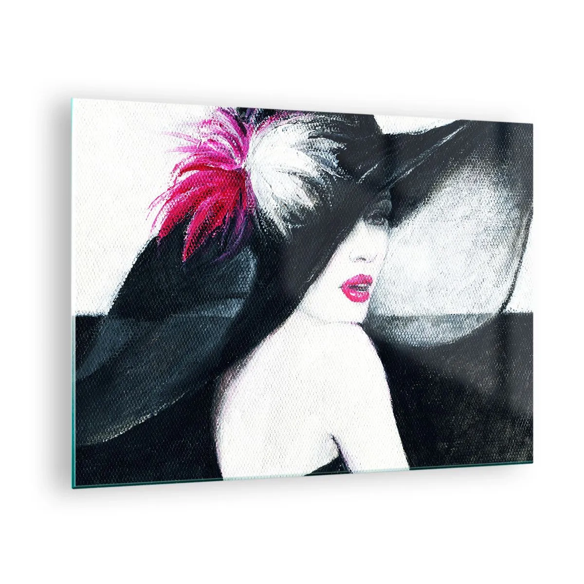 Obraz na szkle - Portret kobiety w dużym kapeluszu z różowym piórem - 70x50cm - Zawsze tajemnica - Nowoczesna dekoracja ścienna do salonu i sypialni ARTTOR