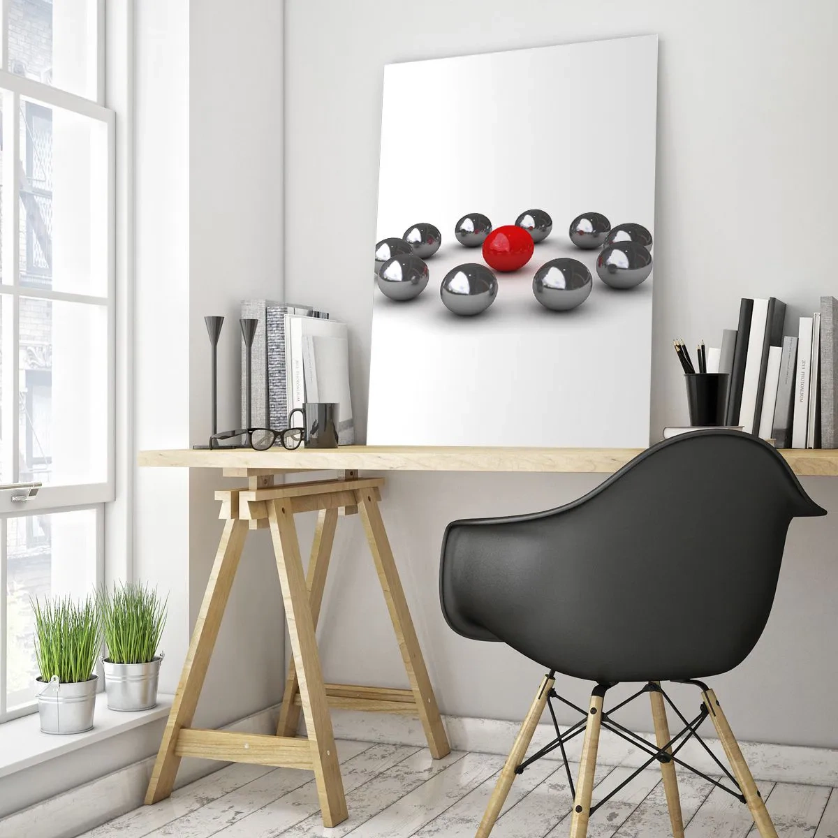 Obraz na szkle - Czerwona kula otoczona srebrnymi kulami na białym tle - 70x100cm - Krąg w srebrze i czerwieni - Nowoczesna dekoracja ścienna do salonu i sypialni ARTTOR