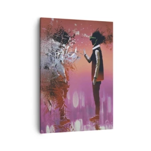 Obraz na płótnie - Postać w okularach VR dotykająca rozpadającego się lustrzanego odbicia - 50x70cm - Czy można wejrzeć w siebie? - Nowoczesna dekoracja ścienna do salonu, kuchni i sypialni ARTTOR