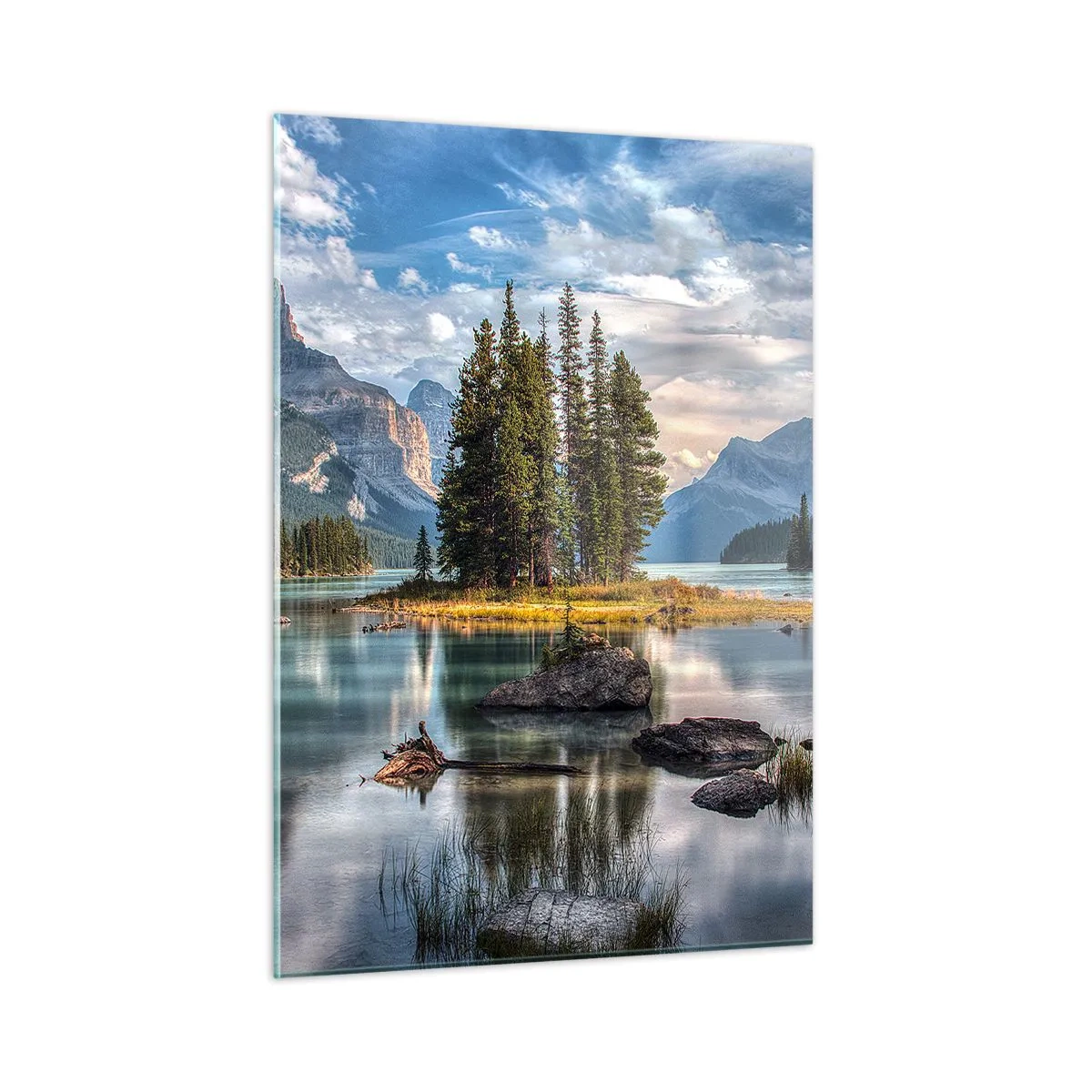 Obraz na szkle - Malownicze jezioro z wyspą i górami w tle - 50x70cm - Nad wodą wielką i czystą… - Nowoczesna dekoracja ścienna do salonu, kuchni i sypialni ARTTOR