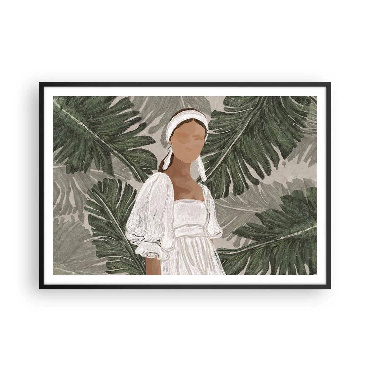 Plakat w czarnej ramie - Portret kobiety w białej sukni na tle liści monstery - 100x70cm - Portret egzotyczny - Nowoczesna dekoracja ścienna do salonu i sypialni ARTTOR