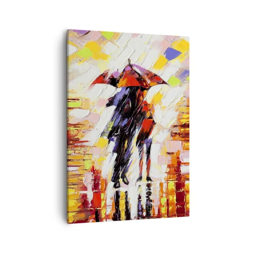 Obraz na płótnie - Romantyczna para pod parasolem w deszczu - 50x70cm - Razem przez noc i deszcz - Nowoczesna dekoracja ścienna do salonu, kuchni i sypialni ARTTOR