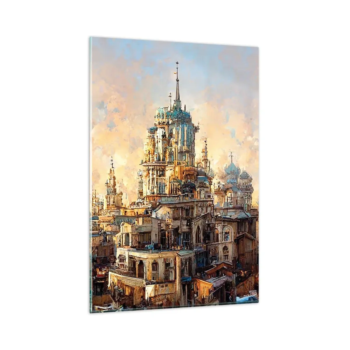 Obraz na szkle - Architektoniczne wieże w promieniach zachodzącego słońca - 80x120cm - Miasto miast - Nowoczesna dekoracja ścienna do salonu i sypialni ARTTOR