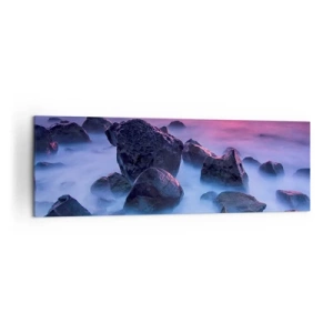 Obraz na płótnie - Kamieniste wybrzeże o zachodzie słońca - 160x50cm - Narodziny w blasku i mgle - Nowoczesna dekoracja ścienna do salonu i sypialni ARTTOR