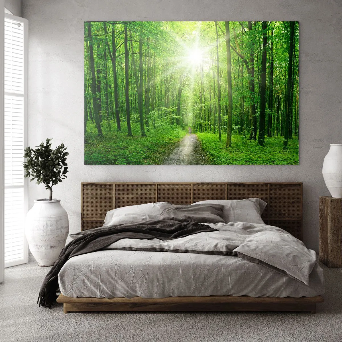 Obraz na szkle - Ścieżka w lesie oświetlona promieniami słońca - 70x50cm - Zielona katedra - Nowoczesna dekoracja ścienna do salonu i sypialni ARTTOR