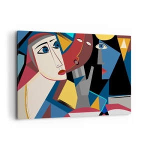 Obraz na płótnie - Kubistyczne twarze w intensywnych kolorach - 100x70cm - Rozmowa kubistów - Nowoczesna dekoracja ścienna do salonu, kuchni i sypialni ARTTOR