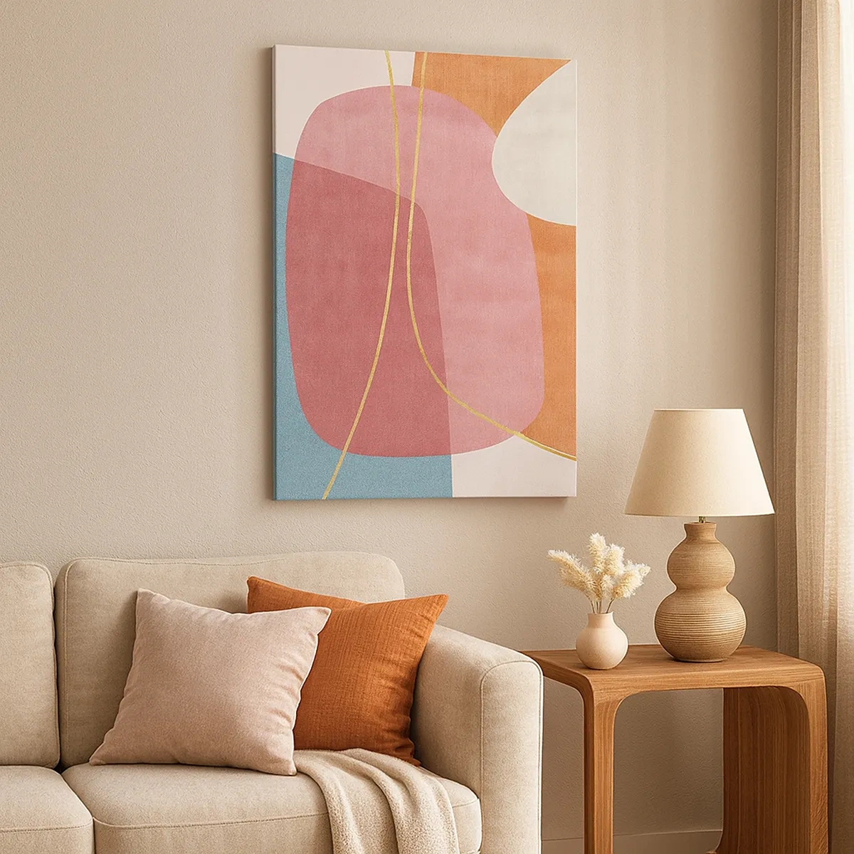 Obraz na płótnie - Abstrakcyjna pastelowa kompozycja - 50x70cm - Pastelowa kompozycja z nicią złota - Nowoczesna dekoracja ścienna do salonu, kuchni i sypialni ARTTOR