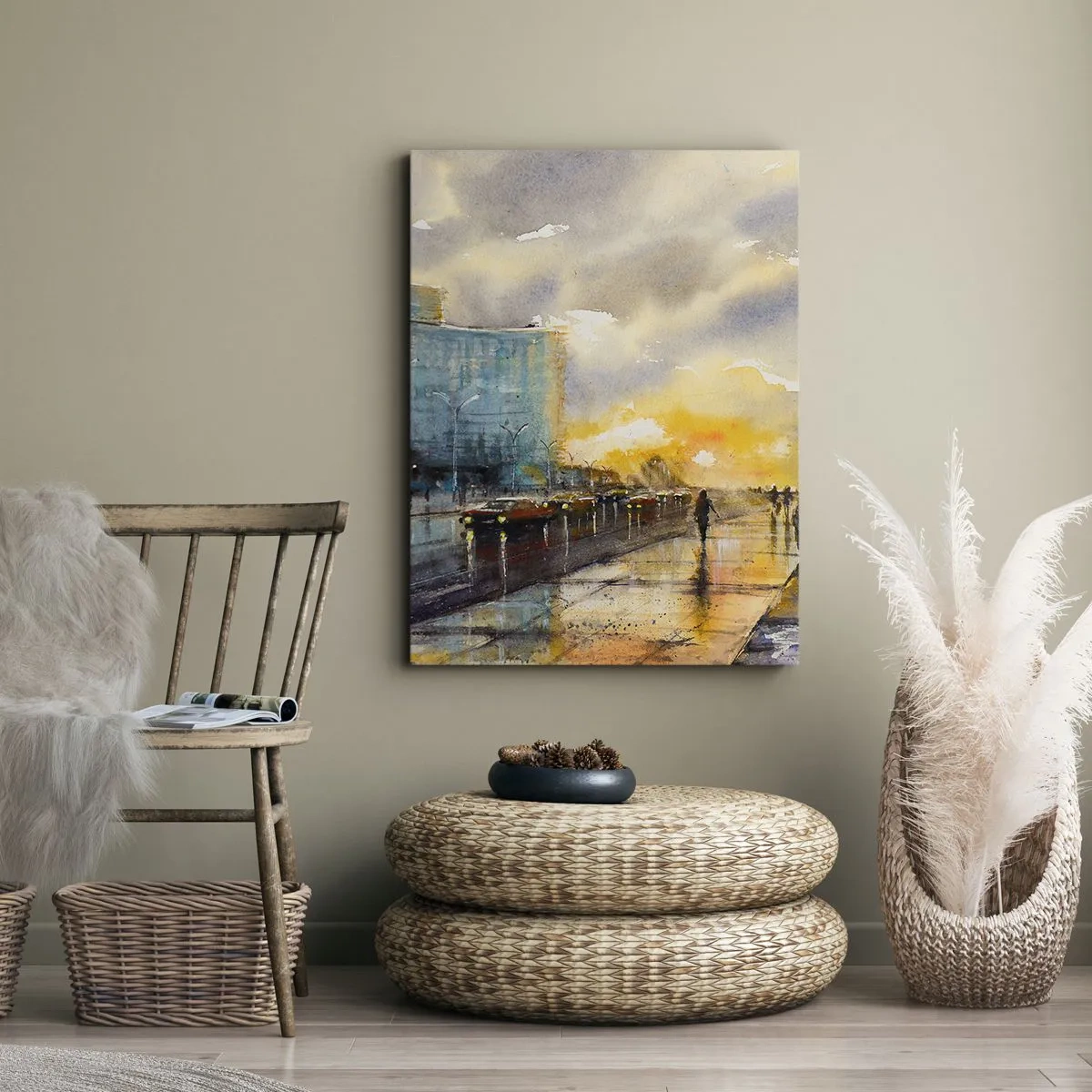 Obraz na płótnie - Akwarelowy pejzaż miejskiej ulicy o zachodzie słońca - 50x70cm - Życie na brzegu - Nowoczesna dekoracja ścienna do salonu, kuchni i sypialni ARTTOR