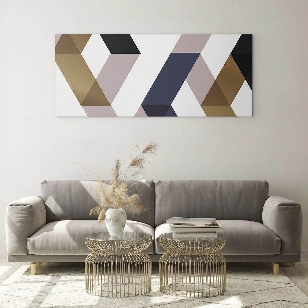 Obraz na szkle - Geometryczne wzory w odcieniach złota i granatu - 160x50cm - Płaszczyzny i kąty - Nowoczesna dekoracja ścienna do salonu i sypialni ARTTOR