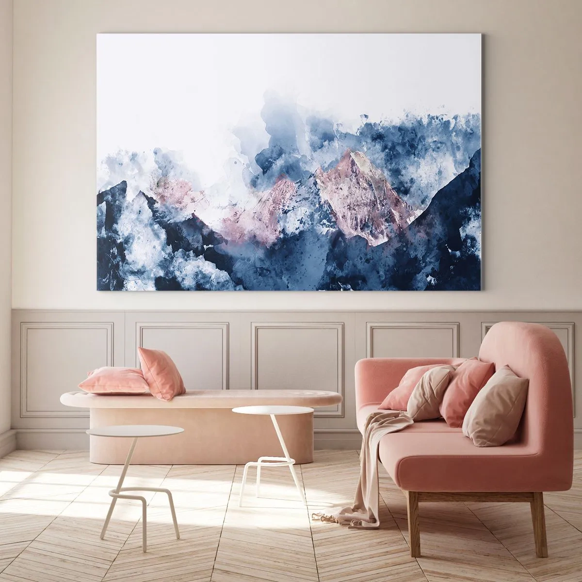 Obraz na szkle - Akwarelowe góry w pastelowych odcieniach niebieskiego i różu - 70x50cm - To są szczyty! - Nowoczesna dekoracja ścienna do salonu i sypialni ARTTOR