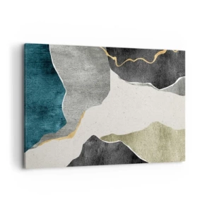 Obraz na płótnie - Geometryczne formy w odcieniach szarości, zieleni i złota - 120x80cm - Mozaikowa kompozycja z nitką złota - Nowoczesna dekoracja ścienna do salonu, kuchni i sypialni ARTTOR