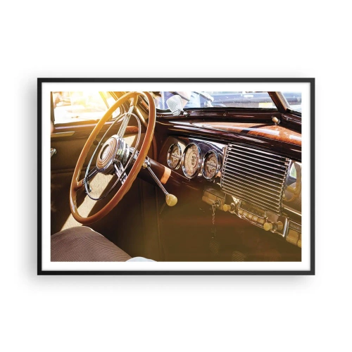 Plakat w czarnej ramie - Zbliżenie na wnętrze klasycznego samochodu z drewnianymi i chromowanymi detalami - 100x70cm - Powiew luksusu z przeszłości - Nowoczesna dekoracja ścienna do salonu i sypialni ARTTOR