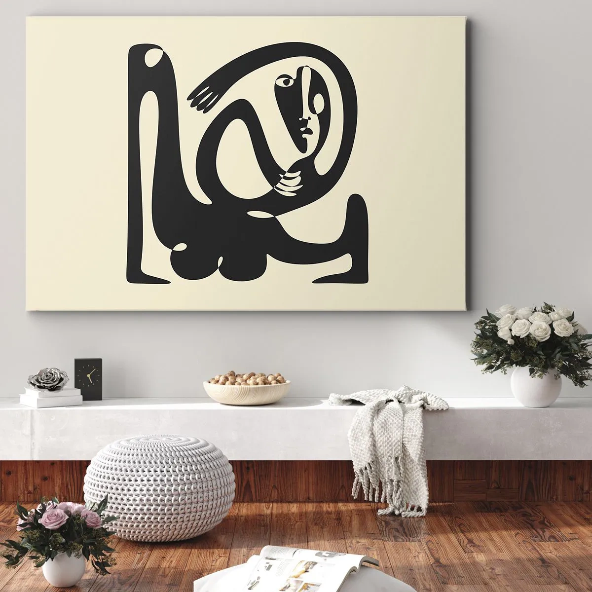 Obraz na płótnie - Abstrakcyjna postać w czerni na beżowym tle - 70x50cm - Prawie Picasso - Nowoczesna dekoracja ścienna do salonu i sypialni ARTTOR