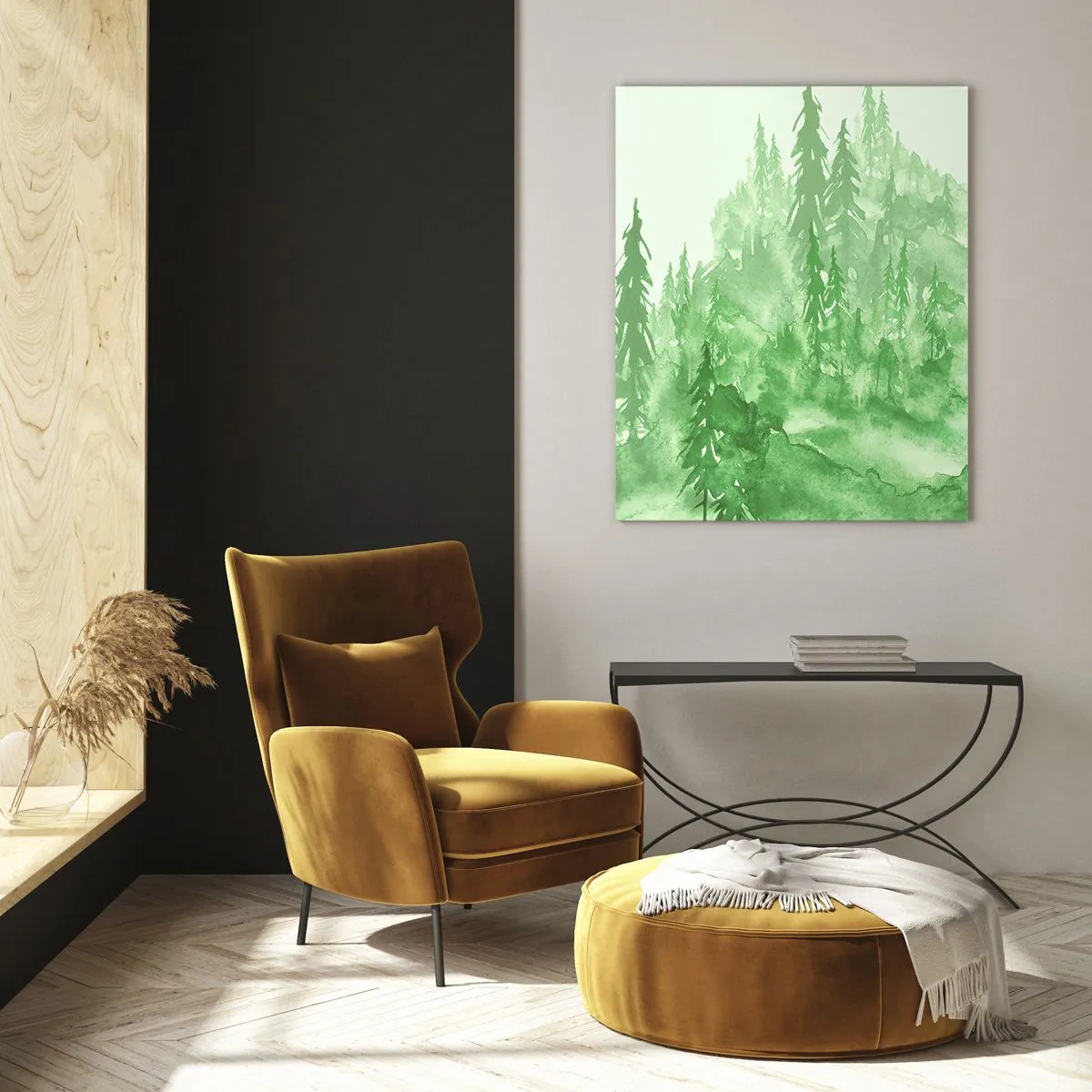 Obraz na szkle - Zielony las w akwarelowym stylu - 50x70cm - Rozmyty zieloną mgłą - Nowoczesna dekoracja ścienna do salonu, kuchni i sypialni ARTTOR
